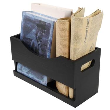 Imagem de Porta-revistas de madeira, organizador de revistas, cesto multiuso, organizador compacto, organizador de pastas com alça embutida para livros, jornais, bancada