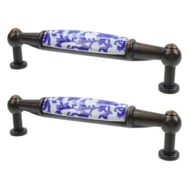 Imagem de Tsnamay Puxadores de gaveta de cerâmica puxadores de gaveta de porcelana azul e branca alças de cômoda T bar, puxadores de armário de liga de zinco de cerâmica, espaçamento dos furos 3,78"/96 mm