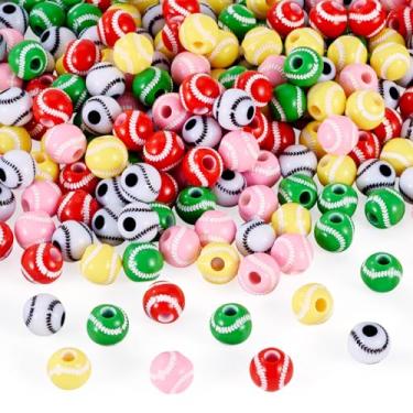 Imagem de KISSITTY 200 contas esportivas acrílicas opacas 11 x 10,5 mm contas de beisebol europeias espaçadoras sortidas contas de tênis soltas com fio elástico de cristal para pulseira chaveiros fabricação de