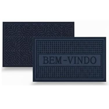 Imagem de Conjunto 2 Tapetes de Porta Capacho Folhas Inverno Antiderrapante de PVC Capacho Tapete Antiderrapante 40 x 60 (AZUL)