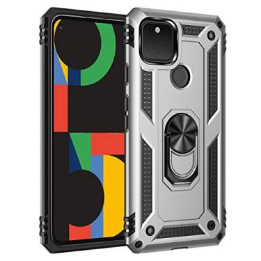 Imagem de SORAKA Capa para Google Pixel 5 com suporte de anel, capa protetora para Google Pixel 5, capa traseira de policarbonato rígido com placa de metal para suporte magnético de telefone e carro, prata