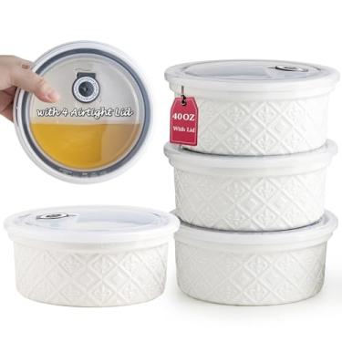 Imagem de Tigelas de cereais 1,134 g, tigelas de ramekin de cerâmica para cozinha, tigelas de servir em relevo com tampas para frutas, salada, lanches, ramen, recipientes herméticos de armazenamento de