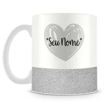Imagem de Caneca Personalizada Base Glitter Prata com Coração e Nome - Amo Canec