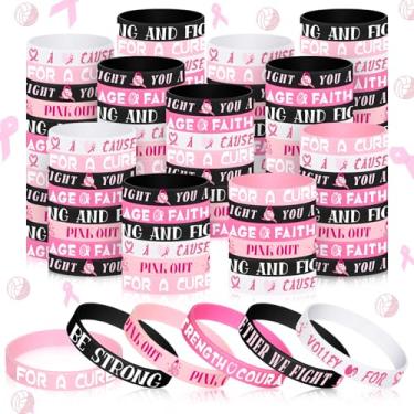 Imagem de Huquary Conjunto de 120 pulseiras de silicone rosa para conscientização do câncer de mama, pulseiras elásticas com fitas rosa Hope Strength, pulseira esportiva motivacional com mensagens inspiradoras
