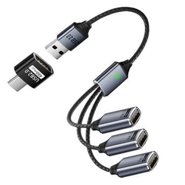 Imagem de Divisor USB 1 em 3 saídas, com adaptador USB C, cabo extensor USB 1 macho para 3 fêmeas, dados e carregador, compatível com PC, MacBook, laptop, pen drive, teclado, PS4, PS5