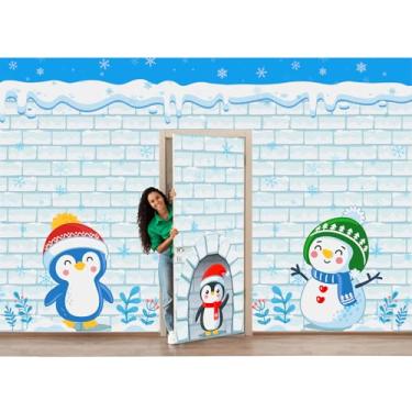 Imagem de HunnmingRe 4 peças de decoração de porta de sala de aula de parede de inverno de boneco de neve de Natal, branco ártico com fita adesiva para decorações de festa de sala de aula de Natal