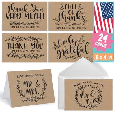 Imagem de 24 cartões de agradecimento de casamento rústicos com envelopes, elegante nota de agradecimento do novo Mr. & Mrs. Newlywed Brown Country Gratitude Supplies, 4x6 personalizado Bulk So Grateful Stationery