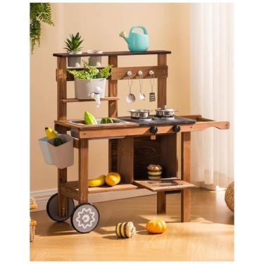 Imagem de Cozinha Educativa de Brincar de Madeira com Rodas para Crianças ao Ar Livre, com Pia Removível - Ideal para Diversão na Terra ou em Casa