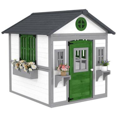 Imagem de Casa de Bonecas Infantil Outsunny, Casinha de Madeira c/ Portas, Janelas, Vasos e Caixas p/ Crianças de 3 a 8 Anos, Casa de Brincar p/