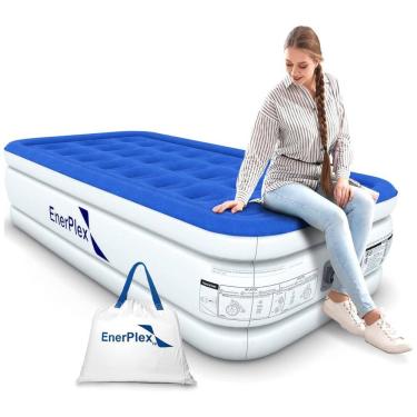 Imagem de Colchão Inflável Solteiro, para viagens, camping, com bomba dupla embutida, ENERPLEX Luxury, Branco