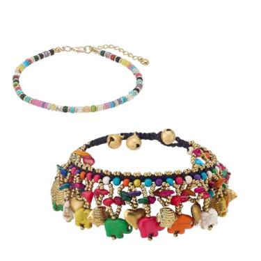 Imagem de PH PandaHall 2 pulseiras de tornozelo boêmias para mulheres, tornozeleiras com contas de disco de pedra preciosa de elefante, borla, tornozeleira, ajustável, boêmio, para férias na praia, festival