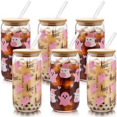 Imagem de Yetene 6 peças de copos de vidro fantasma de Halloween 473 ml com tampas e canudos, 2 estilos de copo assustador rosa, copos de café gelados, presentes engraçados de fantasma, presentes de Halloween