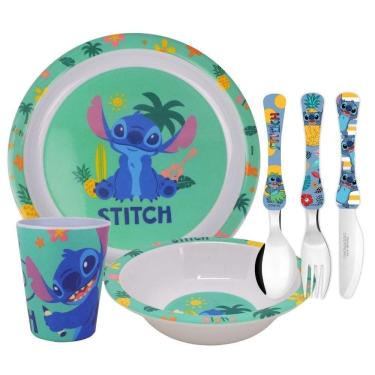 Imagem de Jogo Refeição Infantil Melamina Stitch Disney 6 Peças, Pratos, Copo E Talheres - Tuut