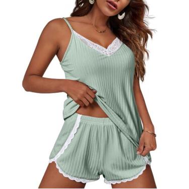 Imagem de Conjunto de pijama Ekouaer, lingerie macia, roupa de dormir, verde