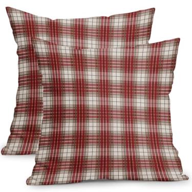 Imagem de ABSOP Capas de travesseiro de Natal 45,7 x 45,7 cm vermelho guingão decoração xadrez conjunto de 2 capas de travesseiro de inverno para cadeira quarto sala de estar decoração de casa