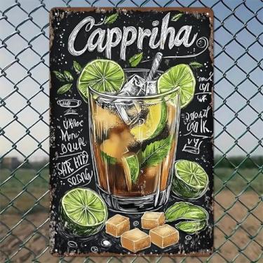 Imagem de Ilustração de receita de coquetel de Caipirinha com cunhas de limão, cubos de açúcar e folhas de hortelã arte de parede de alumínio rústico e placa de metal - 20 x 30 cm vintage decoração interna e