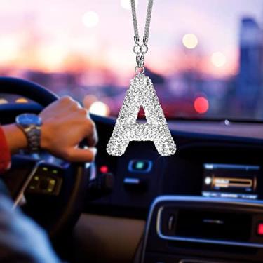 Imagem de Enfeite de espelho retrovisor de carro inicial pendurado pingente de cristal da sorte acessórios de carro para mulheres pingente de strass decoração automotiva branco A