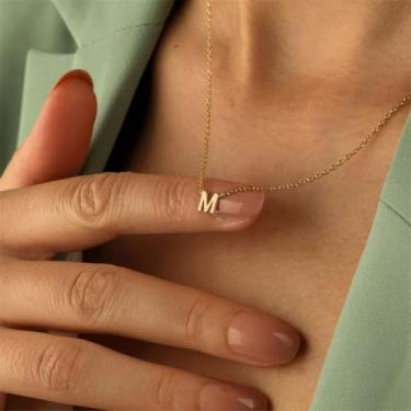 Imagem de Colar feminino com inicial de aço inoxidável delicado banhado a ouro 18K Chian minúscula letra A-Z pingente gargantilha com elo ajustável presentes personalizados de Natal, aniversário, joias modernas