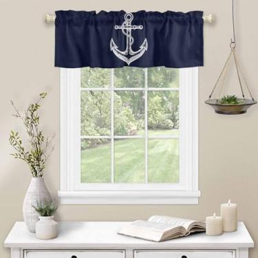 Imagem de Cortina de sanefa náutica âncora de cozinha para janela azul escuro bolso para varão sanefa cozinha tratamento de janela para quarto sala de estar 137 x 45 cm