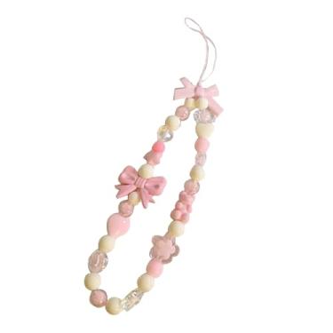 Imagem de Pulseira de berloques para telefone, joia de cordão rosa com contas de pérolas fofas