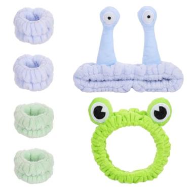 Imagem de 2 faixas de cabelo para cuidados com a pele e 4 pulseiras de spa, faixa de cabelo inchada de sapo e caracol, faixa de cabeça de lavagem facial de desenho animado, acessórios de cabelo elásticos de