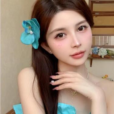 Imagem de Bohemia Grampos de cabelo com flor de orquídea grande, orquídea artificial, alfinetes de cabelo florais para noivas, festa na praia, joia de cabelo para mulheres, azul e verde