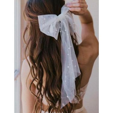 Imagem de Pérolas brancas presilhas de cabelo de malha laço de noiva elegante fita longa acessórios para cabeça de casamento prendedor de cabelo 44 * 18 cm