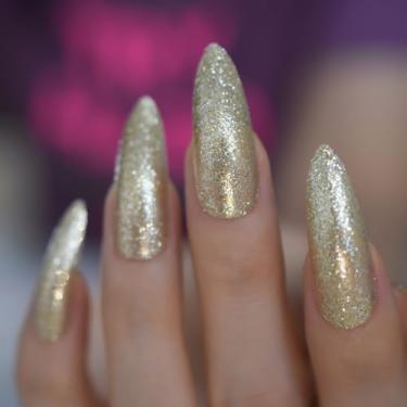 Imagem de Golden Glitter Press on Nails Unhas postiças de acrílico longas unhas falsas kits de manicure