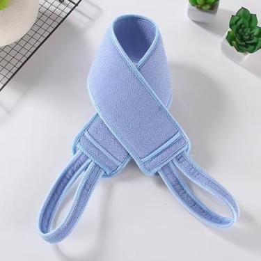 Imagem de 1 peça toalha de banho dupla face para limpeza das costas, homens e mulheres. Tiras fortes e longas para esfregar manchas e lama, azul