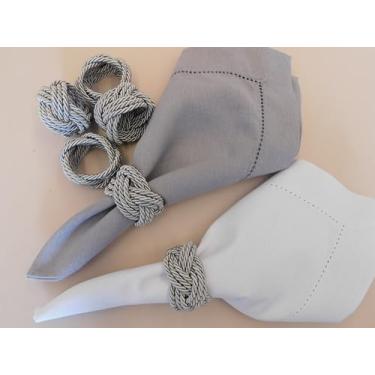 Imagem de Porta Guardanapo Náutico Decorativo, Kit 6 Peças, Cordão Trançado para Mesa Posta, Anel de Guardanapo em Tecido Linho, Laço Clássico, Vermelho (Prata)