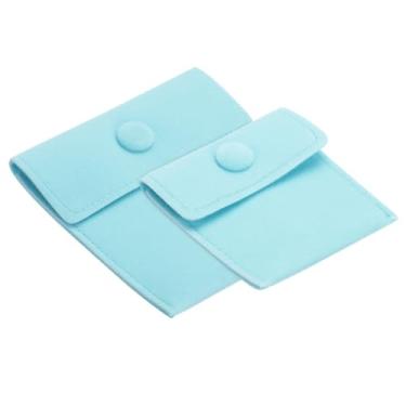 Imagem de Bolsa de joias, pacote com 2 bolsas de veludo macio com botão de pressão, armazenamento portátil para anéis, colar, pulseira, brinco, relógio, ciano claro (7,6 x 7,6 cm, 10 x 10 cm)