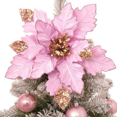 Imagem de Soulchen 2 peças de enfeite de árvore de poinsétia gigante rosa jumbo de 45,7 cm, enfeite de árvore de Natal grande, enfeite de árvore de Natal, flor de poinsétia com purpurina, rosa, para guirlanda