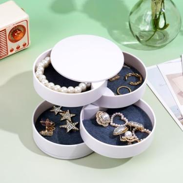 Imagem de Organizador de joias, pequena caixa de armazenamento de joias com tampa, caixa redonda de enfeite de cabeça de viagem, bandeja organizadora rotativa de 4 camadas para pulseiras de anéis de presente