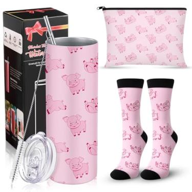 Imagem de Yahenda 3 peças de presentes para amantes de porcos para meninas e mulheres, caneca térmica de aço inoxidável de 590 ml, copo de viagem com pincel de palha, meias de animais, bolsa de maquiagem