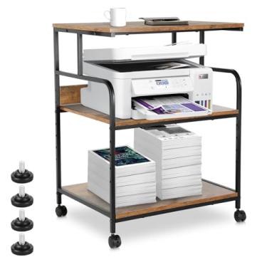 Imagem de FAHKNS Suportes de impressora de 3 níveis – Carrinho para impressora rolante, suporte de impressora de escritório móvel com base antiderrapante e rodízios de bloqueio, adequado para impressoras