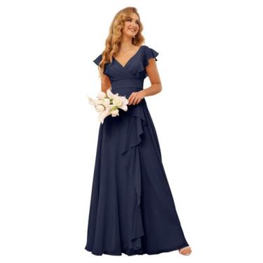 Imagem de Vestido de dama de honra TIRAS Ruffle azul marinho, chiffon, casamento