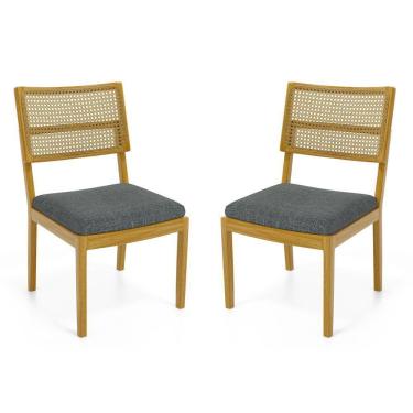 Imagem de Kit Com 2 Cadeiras Milena Madeira Maciça Assentos Estofados Encostos De Tela Palha Sextavada Linho Chumbo 406