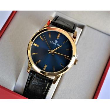Imagem de Relogio champion dourado visor azul couro cn20702s