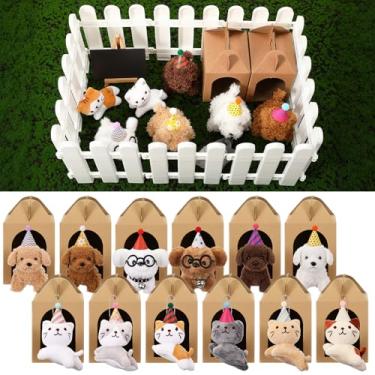 Imagem de Soulchen 12 Set Adopt a Party Favors Puppy Mini Plush Cat Stuffed Small Animals & Kraft Paper Open Boxes & Fence & Cone Cake Birthday Hats for Animal Theme Birthday Party Gift