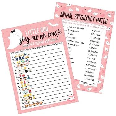 Imagem de DISTINCTIVS Pink A Little Boo is Almost Due Girl Baby Shower Games - Conjunto de 2 jogos de gravidez de animais e imagens de emoji - 20 cartas de dupla face, chá de bebê de Halloween