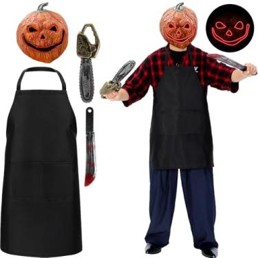 Imagem de Skicuff 4 Pcs Halloween Butcher Costumes Set with Pumpkin Head Mask Butcher Apron Chainsaw Machete Cleaver for Cosplay(Simple Style)