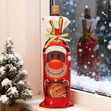 Imagem de Bolsa de garrafa de vinho de Natal, capas de garrafas festivas para decorações de festas, sacolas de presente com desenhos de rena 35 x 12 cm