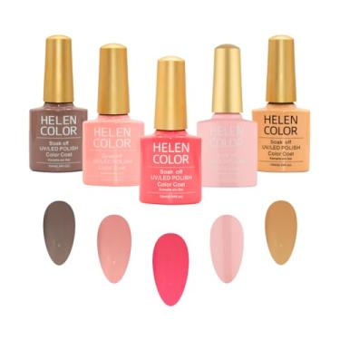 Imagem de HELEN COLOR Kit Esmalte em Gel UV/LED, 5 Cores Nude e Rosa, Soak Off, 10ml cada, Para Unhas Manicure
