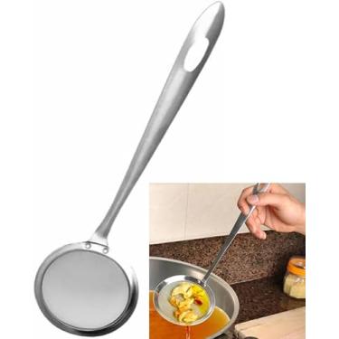 Imagem de 1 colher de aço inoxidável para escumadeira de gordura, filtro de malha fina, coador de alimentos e escumadeira de panela quente com cabo longo para desnatar gordura e espuma