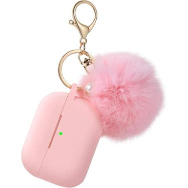 Imagem de Capa protetora para Airpods Pro 3 2025, compatível com Airpods Pro 3ª geração, capa de silicone macio juntos, pompom e chaveiro (rosa claro)