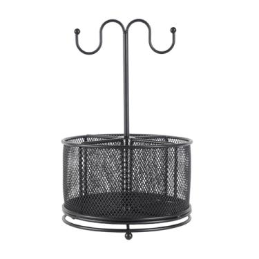 Imagem de predolo Organizador de mesa com porta-canetas giratório 360°, alça, em metal preto com tela metálica, ideal para escola, cozinha, utensílios e maquiagem.