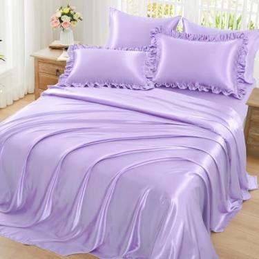 Imagem de Homiest Jogo de lençol casal de 6 peças de cetim com babados, roxo lavanda com bolso profundo de 38 cm, 1 lençol de cima, 2 fronhas com babados e 2 fronhas, semelhante a lençóis de seda