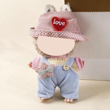 Imagem de Compatível com Labubu (sem boneca) - Chapéu guingão rosa e suéter pastel + conjunto de macacão azul com laço estrela, roupas para bonecas de pelúcia de 15 cm/17 cm (rosa e azul)
