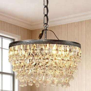 Imagem de Lustre clássico vintage elegante em forma de gota de chuva cristais de vidro facetado 48 cm, lustre redondo vintage, lustre de sala de jantar, luz de teto para quarto, luz de teto para sala de estar