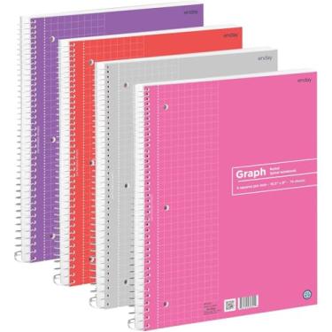 Imagem de Caderno de papel milimetrado (pacote com 4) Caderno de grade, caderno espiral de papel gráfico, caderno de papel quadriculado, caderno de papel quadriculado de 4 quadrados por polegada, cores sortidas